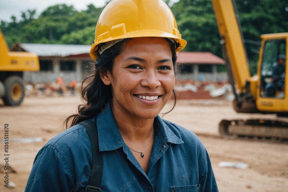 Close portrait of a smiling 40s Micronesian woman construction worker looking at the camera, Micronesian outdoors construction site blurred background Close portrait of a smiling 40s Micronesian woman construction worker looking at the camera, Micronesian outdoors construction site blurred background