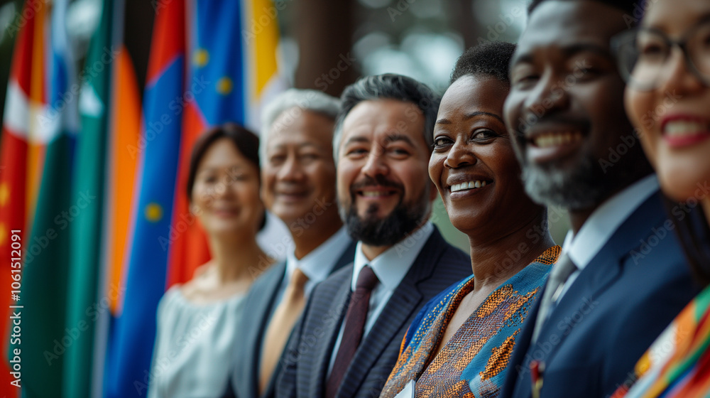 Global leaders at a diplomatic event with national flags backdrop. Global leaders at a diplomatic event with national flags backdrop.