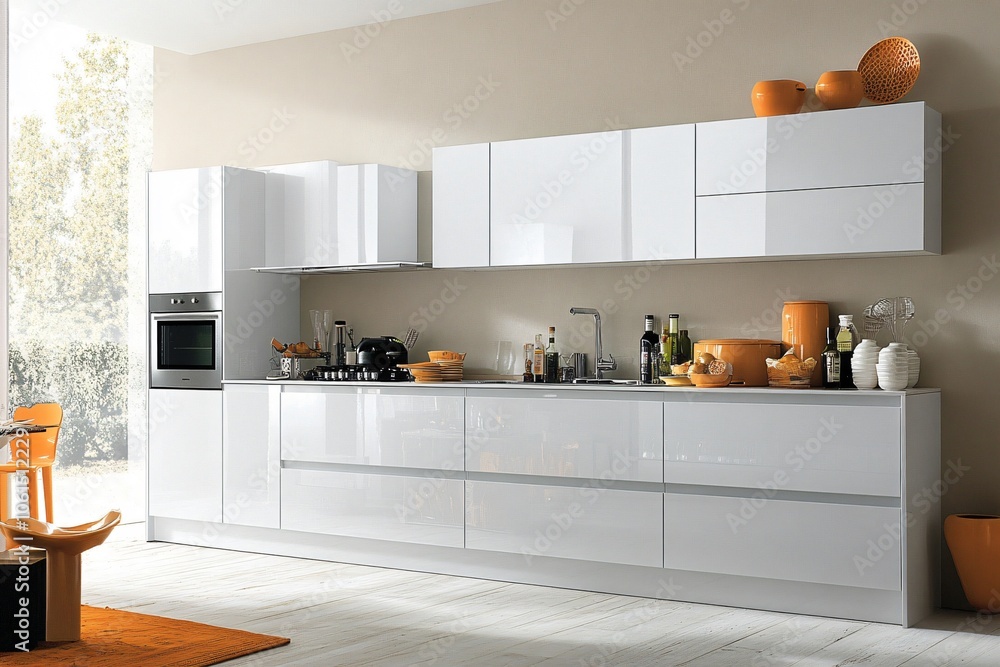 Fototapeta premium Minimalist White Kitchen with Sleek Cabinetry and Accents