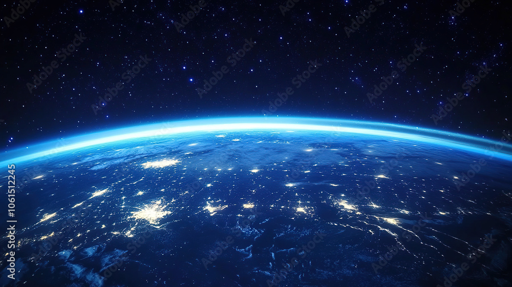Fototapeta premium Beautiful blue planet Earth with glowing lights and stars seen from space, wide angle