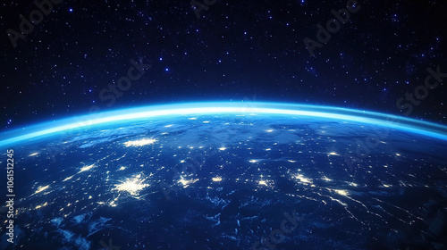 Beautiful blue planet Earth with glowing lights and stars seen from space, wide angle