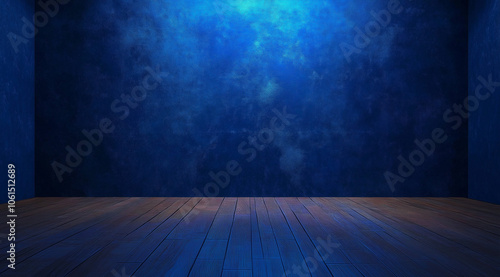 A dark blue background with studio backdrop, concrete floor, dark and mysterious. An atmospheric, horror movie-like, eerie, dark, cinematic, photorealistic, ultra-realistic  with high-resolution.