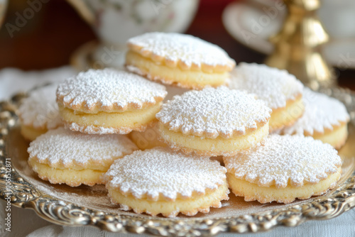 Delicate shortcrust pastry cookies decorated with powdered sugar. photo