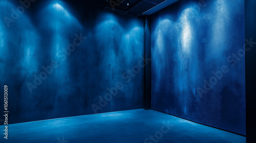 A dark blue background with studio backdrop, concrete floor, dark and mysterious. An atmospheric, horror movie-like, eerie, dark, cinematic, photorealistic, ultra-realistic  with high-resolution.