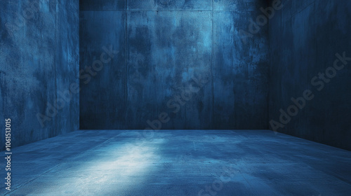 A dark blue background with studio backdrop, concrete floor, dark and mysterious. An atmospheric, horror movie-like, eerie, dark, cinematic, photorealistic, ultra-realistic  with high-resolution.