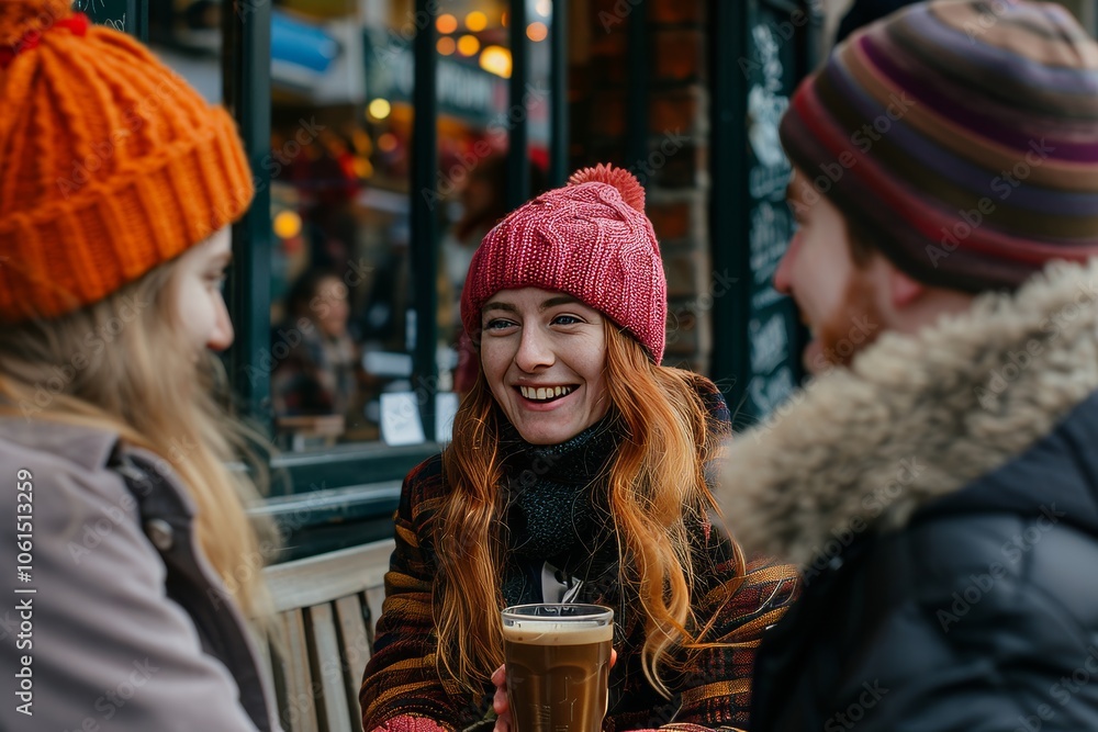 Two young women in hats and scarfs drinking coffee on a city street. Two young women in hats and scarfs drinking coffee on a city street.