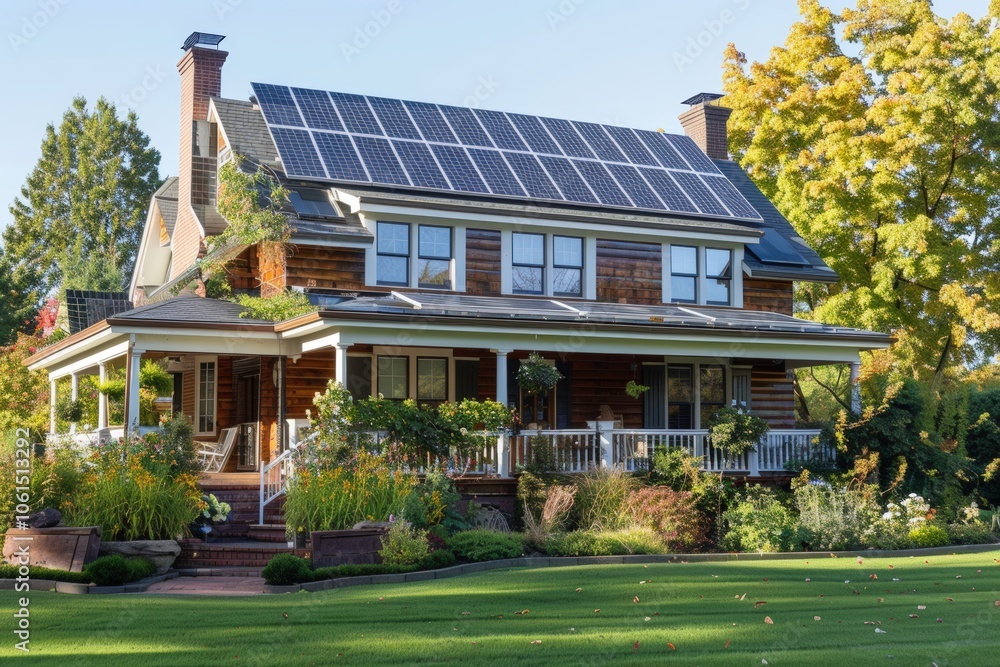 A charming colonial-style house with solar panels, a spacious porch, and a meticulously landscaped garden. set in a suburban area, it blends traditional architecture with modern sustainability. A charming colonial-style house with solar panels, a spacious porch, and a meticulously landscaped garden. set in a suburban area, it blends traditional architecture with modern sustainability.