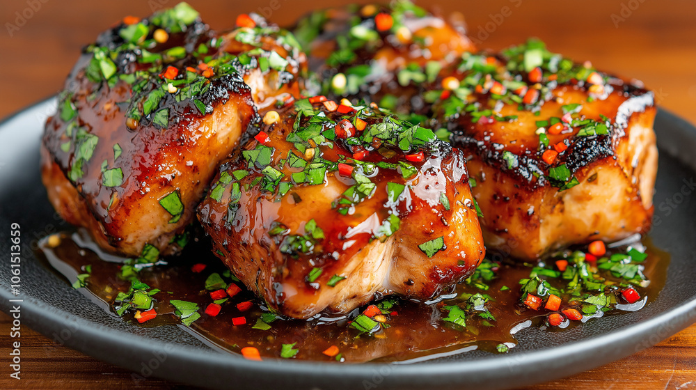 Detailed photo of Honey Pepper Glazed Chicken Thighs with a caramelized, glossy finish, red pepper flakes visible, served on a plate on a wooden table, showcasing a hearty, comforting meal. Detailed photo of Honey Pepper Glazed Chicken Thighs with a caramelized, glossy finish, red pepper flakes visible, served on a plate on a wooden table, showcasing a hearty, comforting meal.