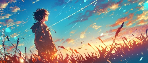 A young anime man in a field during sunset with golden rays reflecting off his face surrounded by colorful skies enhancing his sense of adventure and discovery