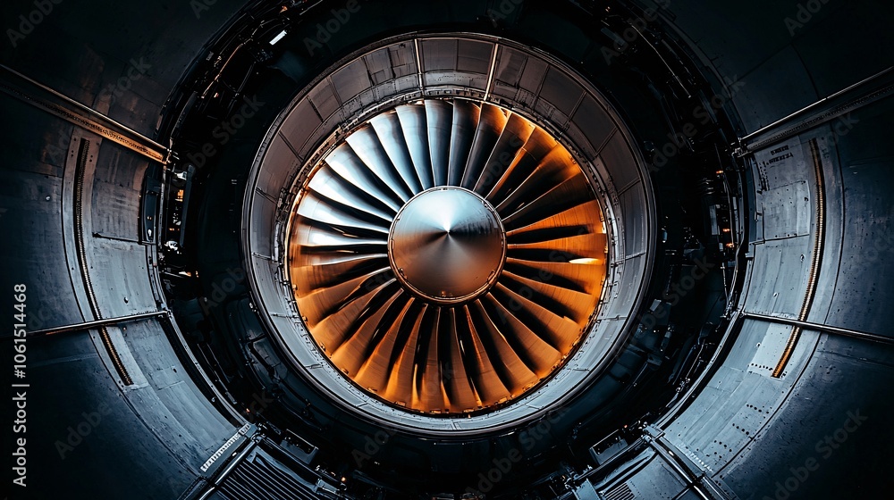 Fototapeta premium Airplane Jet Engine Turbine Blades Close Up Aviation Technology Aerospace Industry