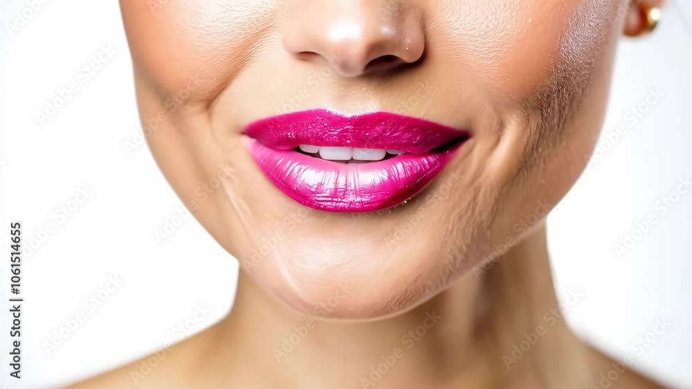 Vibrant pink lipstick on smiling woman with smooth skin and dimples Vibrant pink lipstick on smiling woman with smooth skin and dimples