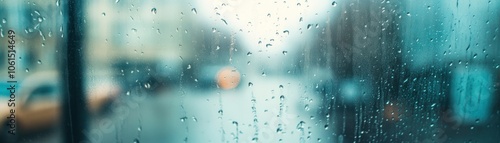 A rainy scene viewed through a window, with droplets creating a blurred effect.