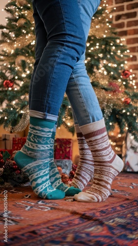 Single Pair of Legs in Festive Socks Standing by Christmas Tree