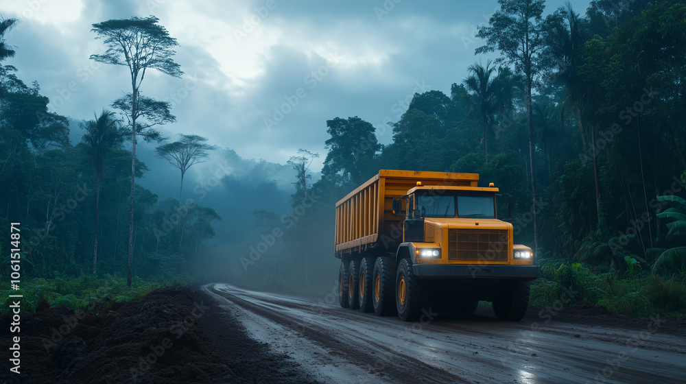 large yellow dump truck drives along muddy road in dense forest, surrounded by tall trees and misty weather, showcasing rugged beauty of nature. large yellow dump truck drives along muddy road in dense forest, surrounded by tall trees and misty weather, showcasing rugged beauty of nature.
