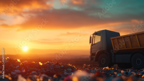 truck parked on landfill at sunset, surrounded by scattered waste, creates striking contrast against vibrant sky. scene evokes sense of environmental awareness and reflection.