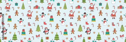 Christmas seamless texture with cute cartoon decorations. Vector illustration