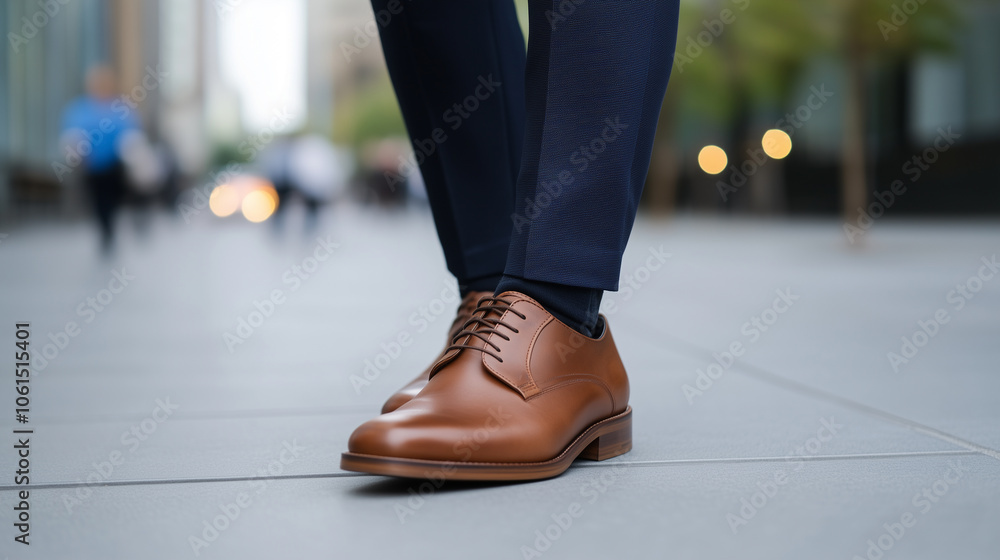 Elegant brown leather shoes worn by man in formal attire, walking on city street. stylish footwear complements tailored pants, showcasing sophisticated urban look. Elegant brown leather shoes worn by man in formal attire, walking on city street. stylish footwear complements tailored pants, showcasing sophisticated urban look.