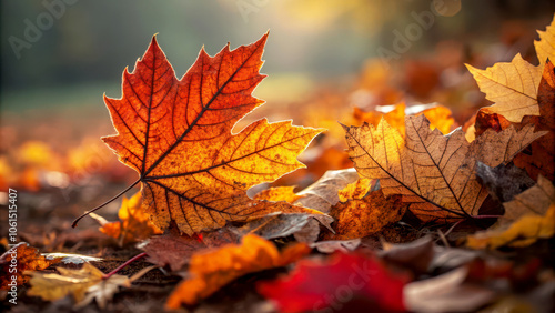 Colorful autumn leaves scattered on the ground in a serene outdoor setting. photo