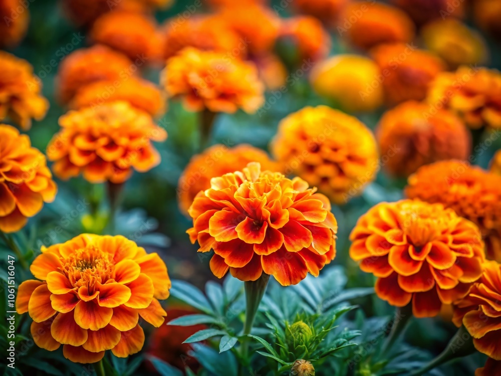 Top View of Vibrant Orange Thin-Leaved Marigold Flowers in a Lush Garden - Stunning Close-Up with Tilt-Shift Photography for Nature Backgrounds and Floral Designs Top View of Vibrant Orange Thin-Leaved Marigold Flowers in a Lush Garden - Stunning Close-Up with Tilt-Shift Photography for Nature Backgrounds and Floral Designs