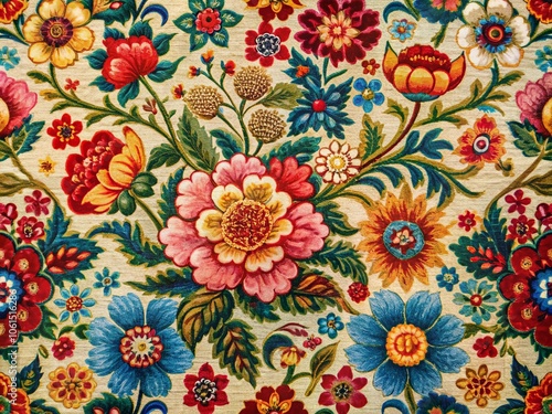 Traditional Ornamental Textile Print with Rich Floral Motifs in Macro Photography - Capturing Vibrant Colors and Intricate Patterns