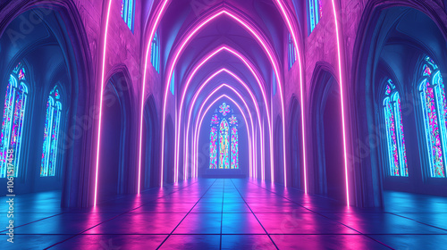 Gothic cathedral with neon light beams illuminating the arches and stained glass vibrant pink and blue hues cast across the floor