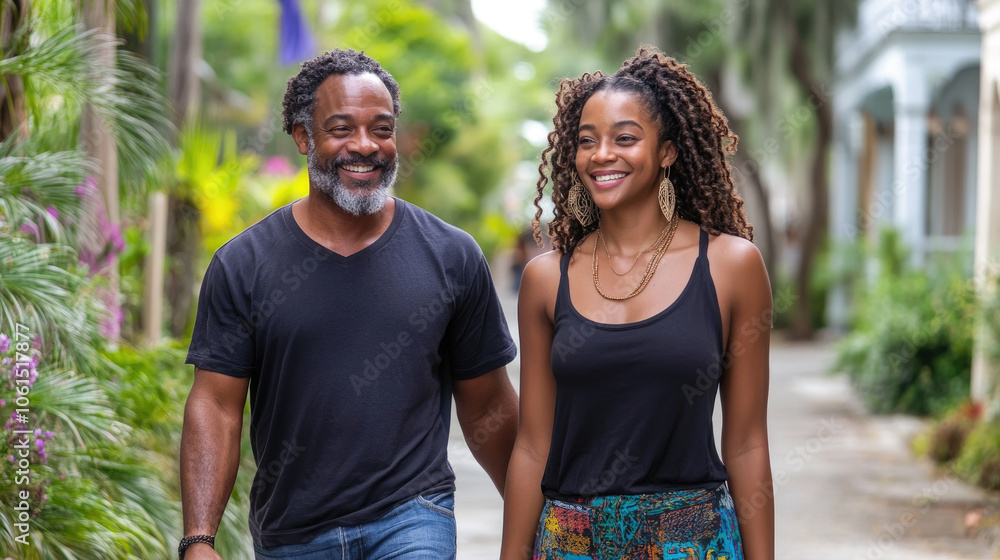 A happy couple enjoys a leisurely walk together, surrounded by vibrant greenery and blooming flowers on a sunny afternoon A happy couple enjoys a leisurely walk together, surrounded by vibrant greenery and blooming flowers on a sunny afternoon