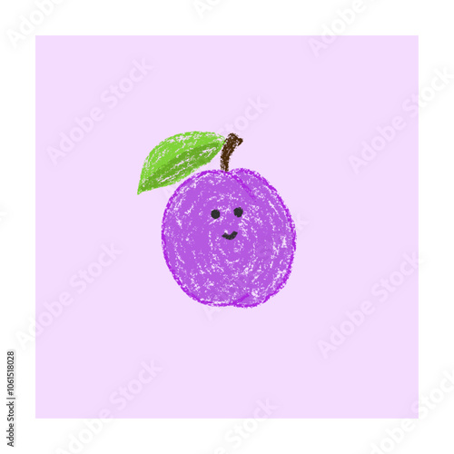 Hand drawn crayon style plum fruit illustration, whimsical plum fruit logo, plum fruit character design