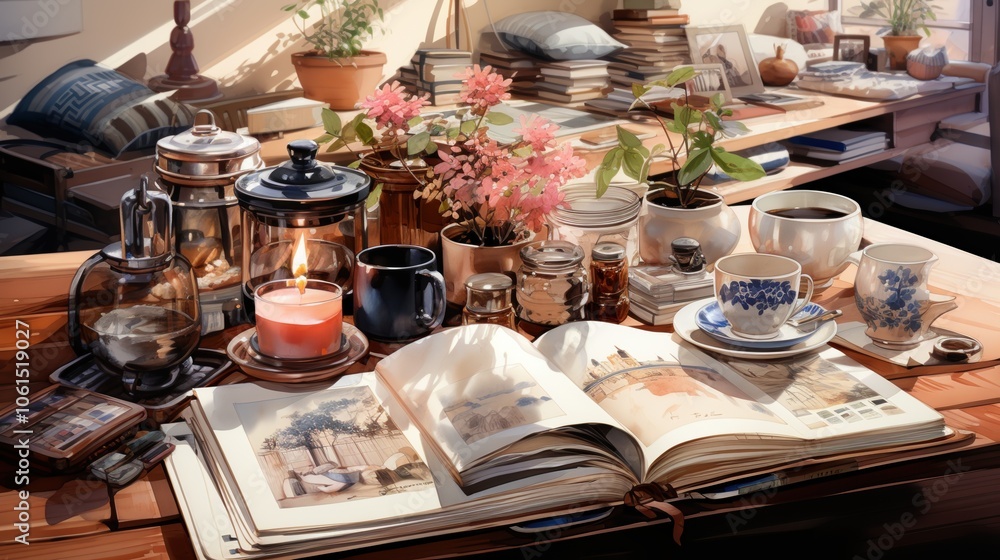 Fototapeta premium Cozy study nook with an open book, coffee, and plants creating a warm and inviting atmosphere.