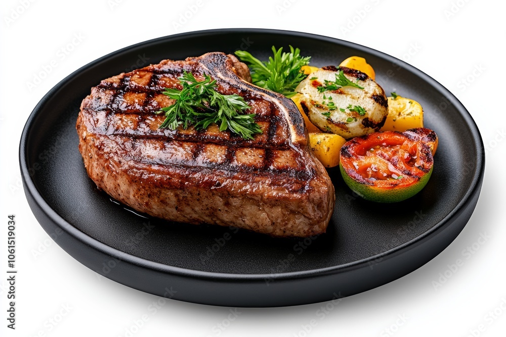 Plate of grilled meat and vegetables. The meat is a steak and the vegetables are tomatoes and zucchini Plate of grilled meat and vegetables. The meat is a steak and the vegetables are tomatoes and zucchini