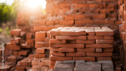 A pile of bricks with a sun shining on them photo