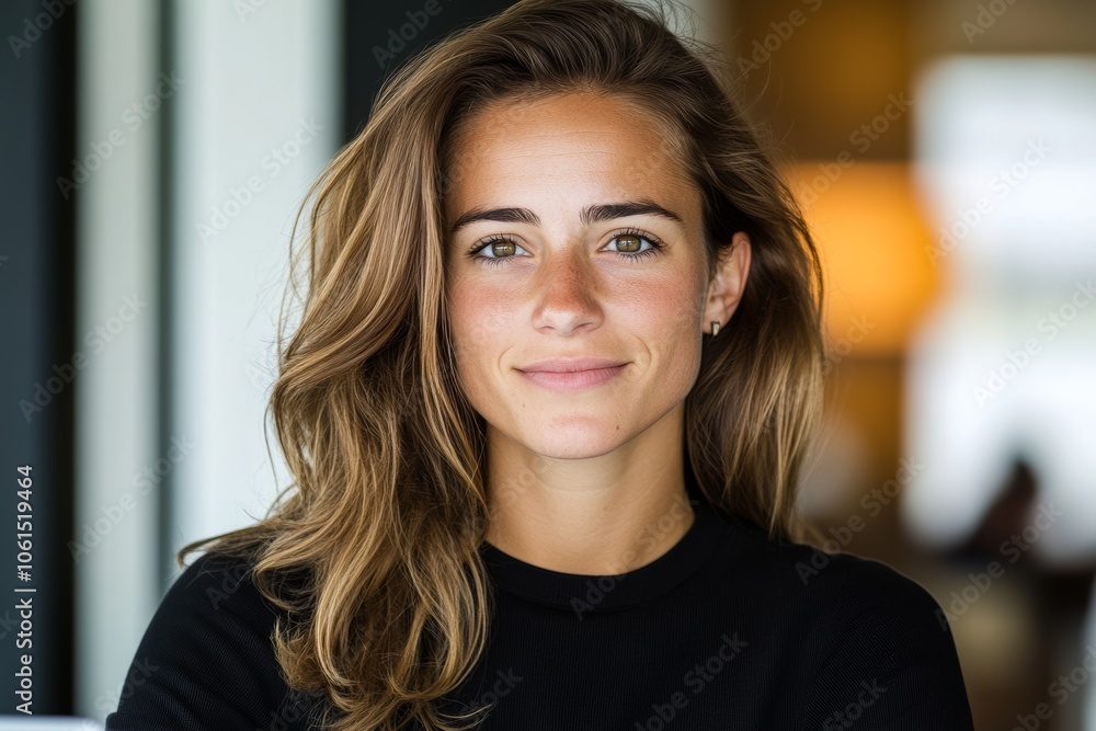 Obraz premium Woman with long brown hair is smiling at the camera. She is wearing a black shirt and has her hair pulled back