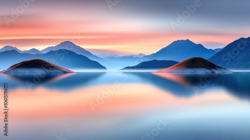 Serene lake reflecting vibrant sunset hues with distant mountains in the background, AI