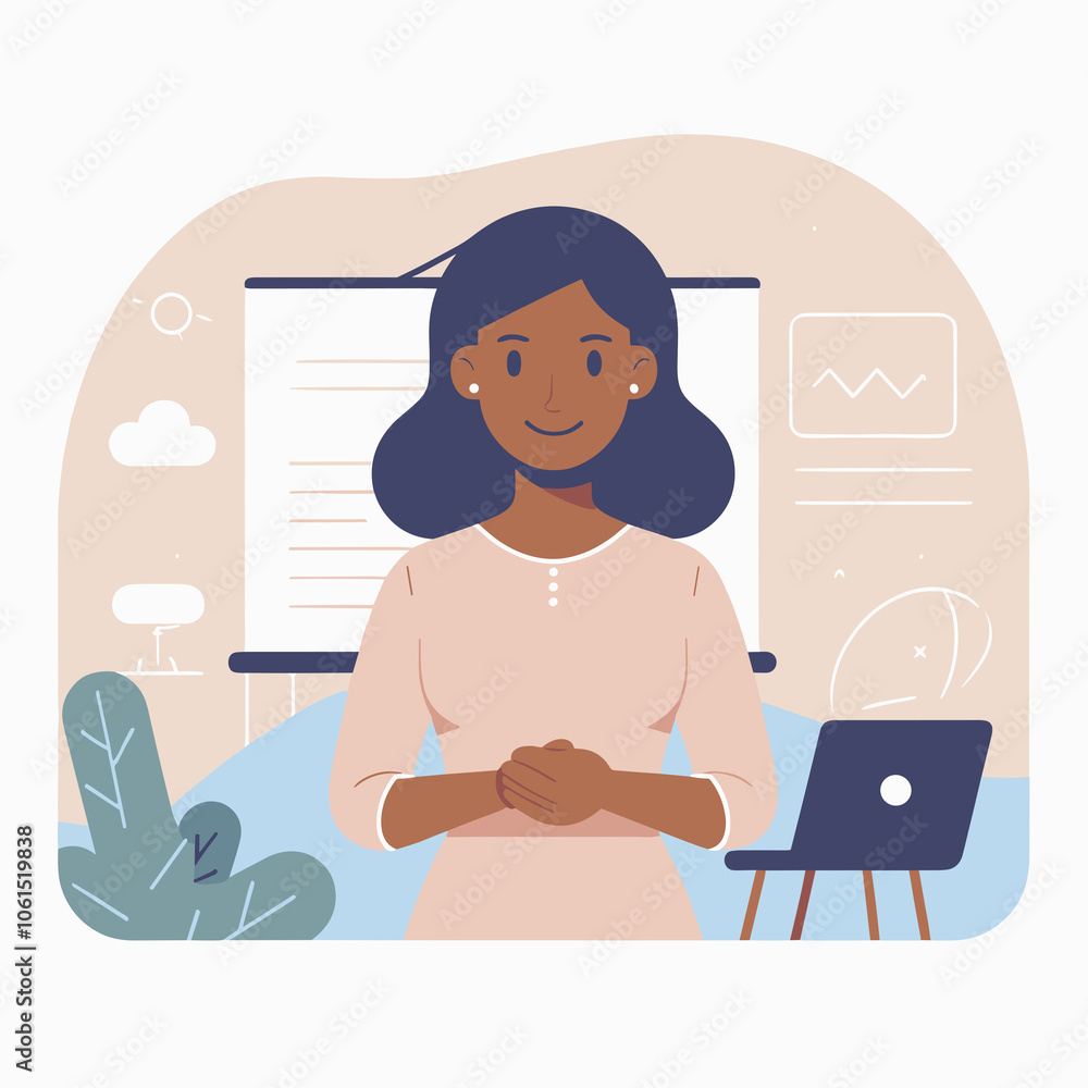 Smiling woman, confident, standing with hands together, presentation background with charts Smiling woman, confident, standing with hands together, presentation background with charts