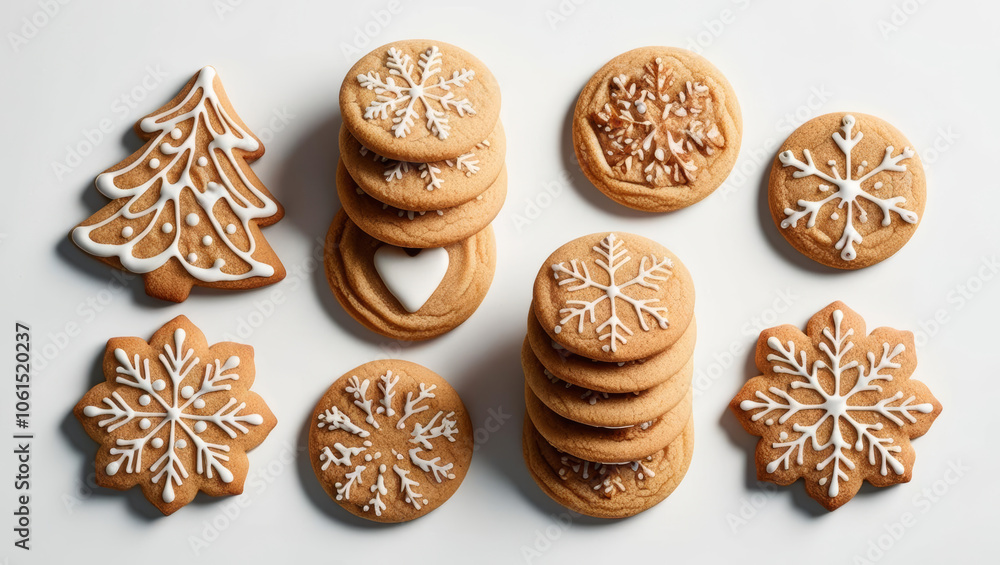 Cozy winter holiday cookies with festive designs on white background Cozy winter holiday cookies with festive designs on white background