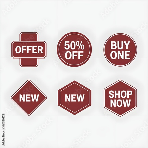 icon red sale label. The label variety name offer, 50% of, 50% of, shop now, buy one, new photo