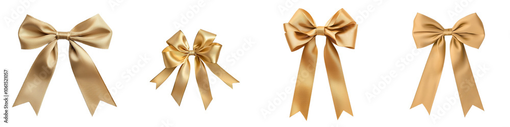 Four elegant gold bows of varying sizes on a black background, perfect for decoration or gift wrapping. Four elegant gold bows of varying sizes on a black background, perfect for decoration or gift wrapping.