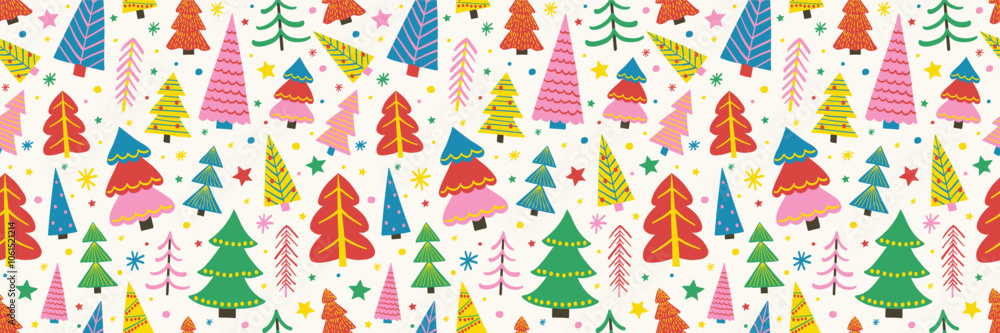 Obraz premium Christmas tree background. Seamless pattern design with hand drawn ornaments. Wallpaper concept. Vector illustration