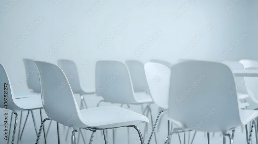 Obraz premium a chairs arranged in a white conference room, quiet atmosphere, no people, , Generative ai