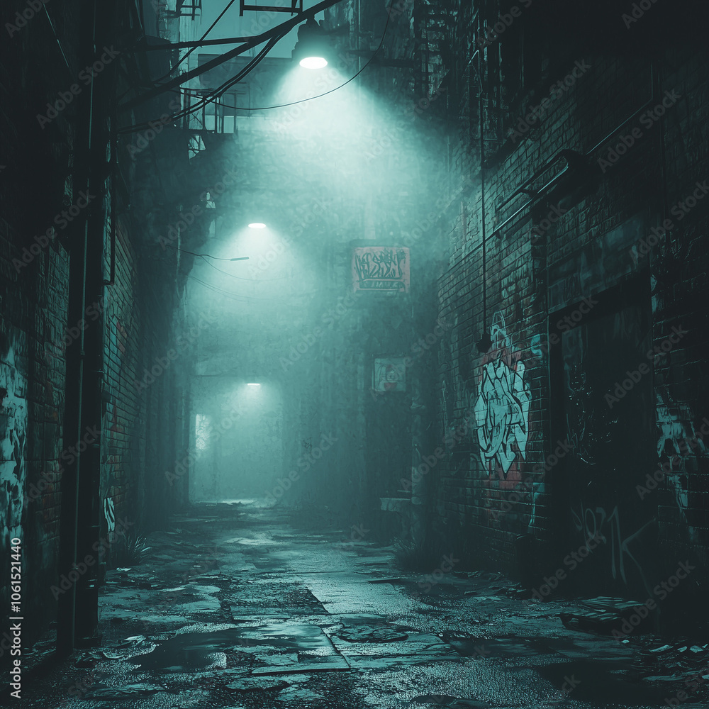 eerie alley bathed in fog and dim light casts a haunting atmosphere in the urban night eerie alley bathed in fog and dim light casts a haunting atmosphere in the urban night