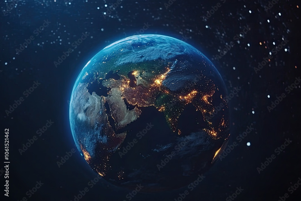 Obraz premium Global network and data connection concept. World connections on planet Earth at night. Earth in outer space and digital network. World communication technologies.