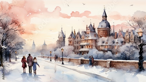 Wallpaper Mural A winter scene with people walking near a snow-covered castle at sunset. Torontodigital.ca