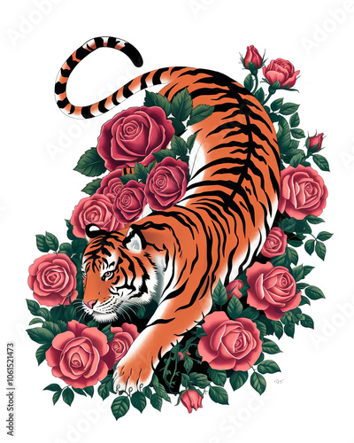 A vintage illustration of a tiger and a red rose. The tiger is intertwined with a bed of blooming roses
