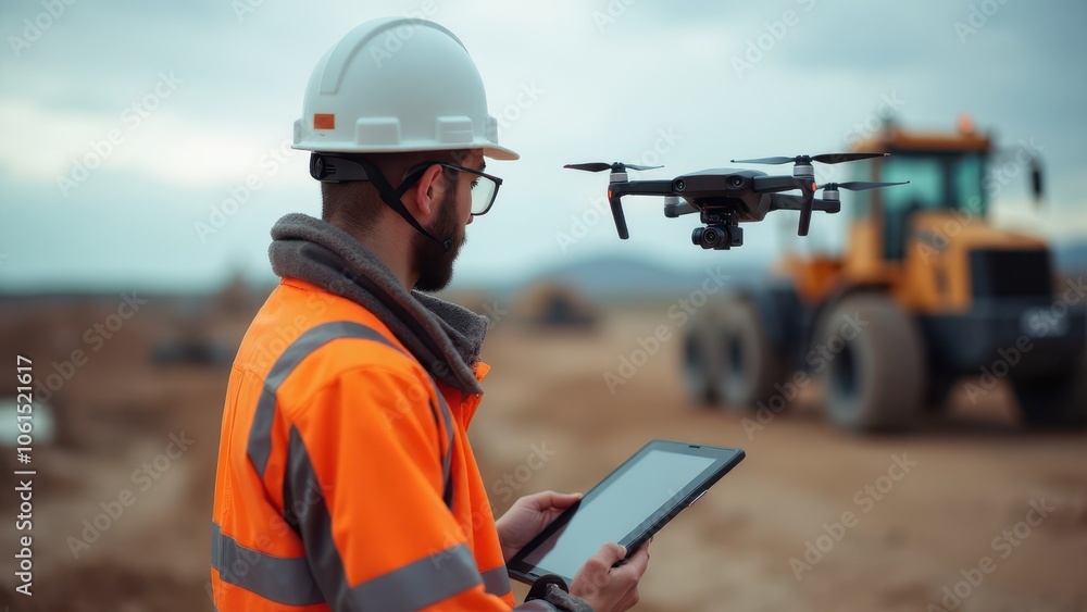 Surveyor using a tripod-mounted drone to capture data on a residential construction project.