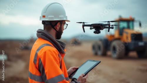 Obraz na płótnie Surveyor using a tripod-mounted drone to capture data on a residential construction project. w salonie