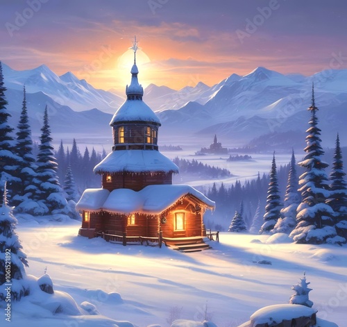 Illustration of Christmas funny hat with winter snowy landscape and glowing inside.