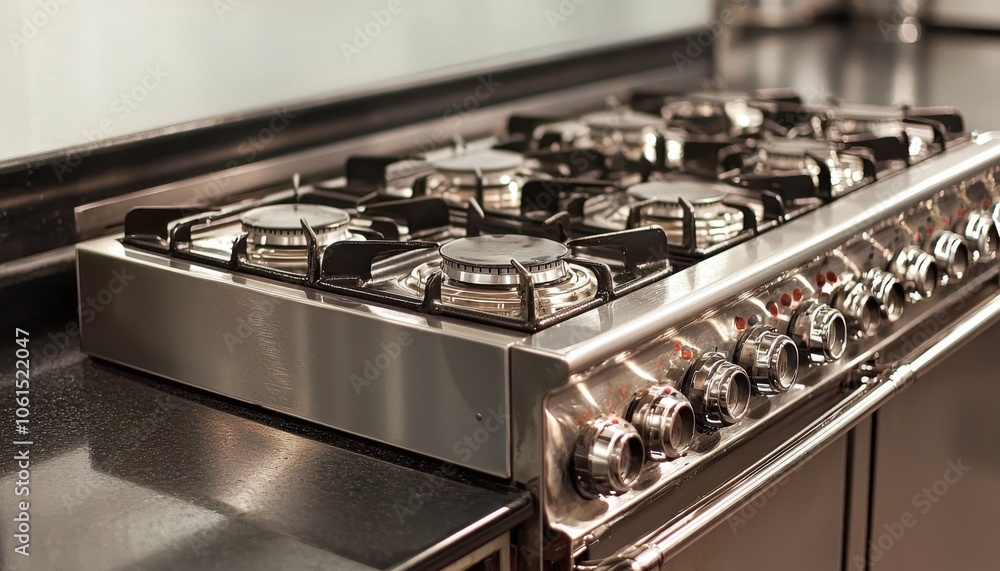A modern gas stove with multiple burners, designed for cooking various dishes efficiently in a kitchen setting. A modern gas stove with multiple burners, designed for cooking various dishes efficiently in a kitchen setting.