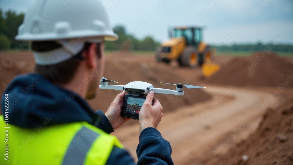 A construction worker in a hard hat and safety vest takes a photo of the construction site using a smartphone, with cranes and dirt mounds visible in the background. A construction worker in a hard hat and safety vest takes a photo of the construction site using a smartphone, with cranes and dirt mounds visible in the background.
