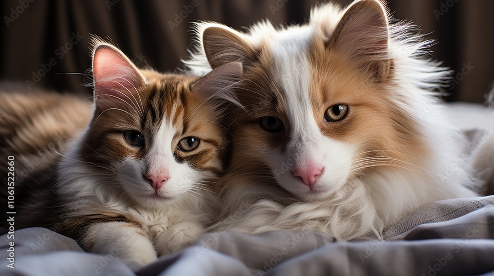Two fluffy cats snuggling on a soft, gray blanket, basking in gentle sunlight. Two fluffy cats snuggling on a soft, gray blanket, basking in gentle sunlight.