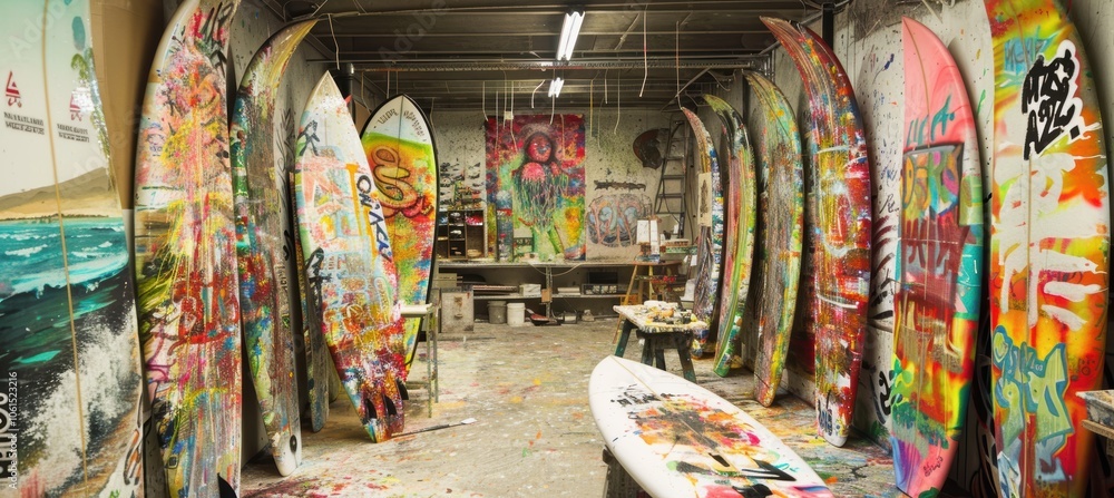 Fototapeta premium Surfboard Art Workshop: Vibrant Beach Designs for Creative Expression