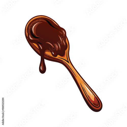 A detailed vector illustration of a wooden spoon dipped into a pool of melted dark chocolate, with rich, smooth texture and realistic shadows.